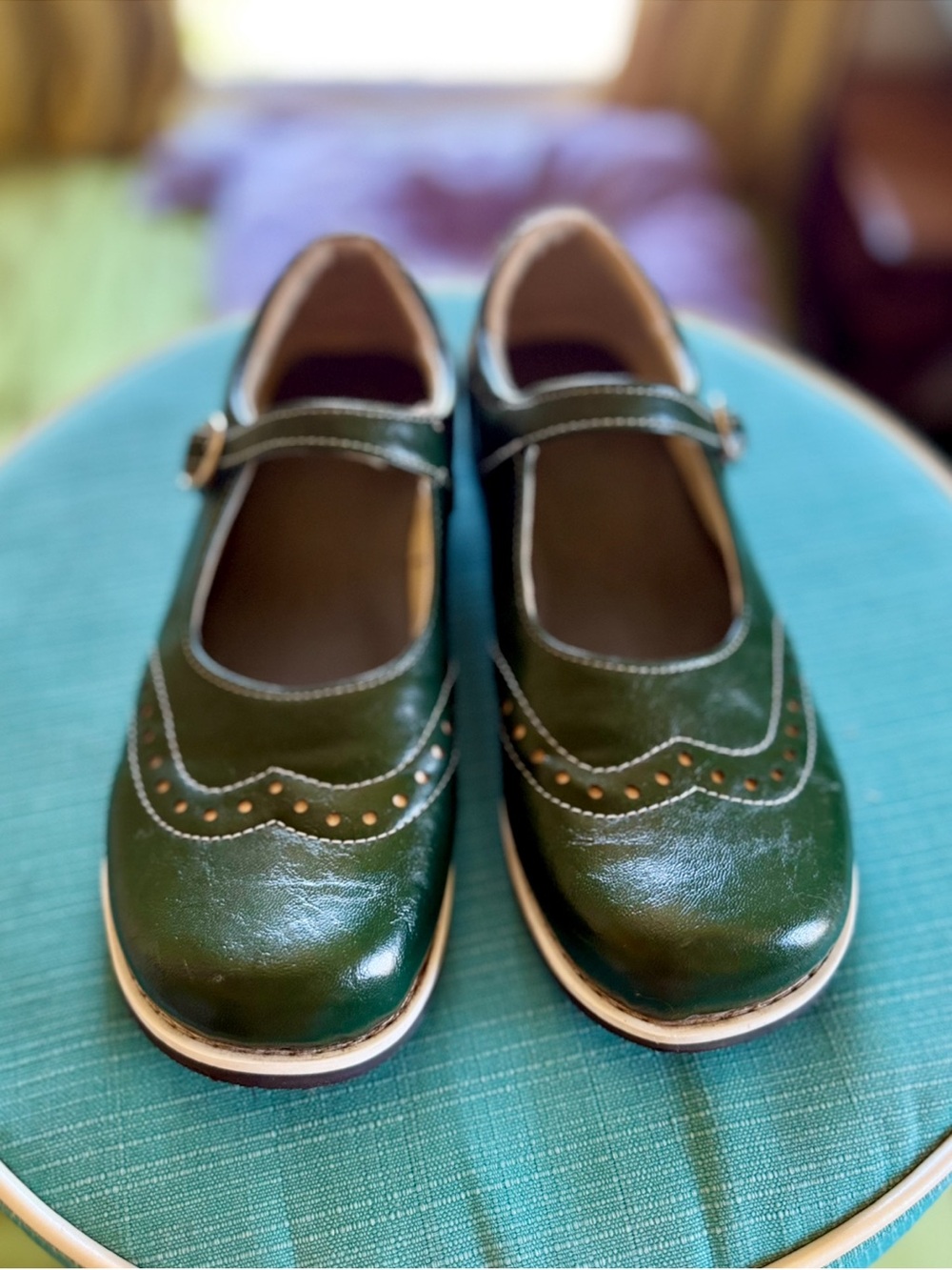 Women’s Green Mary Jane Flats with Decorative Brogue Details - Picture 2 of 6